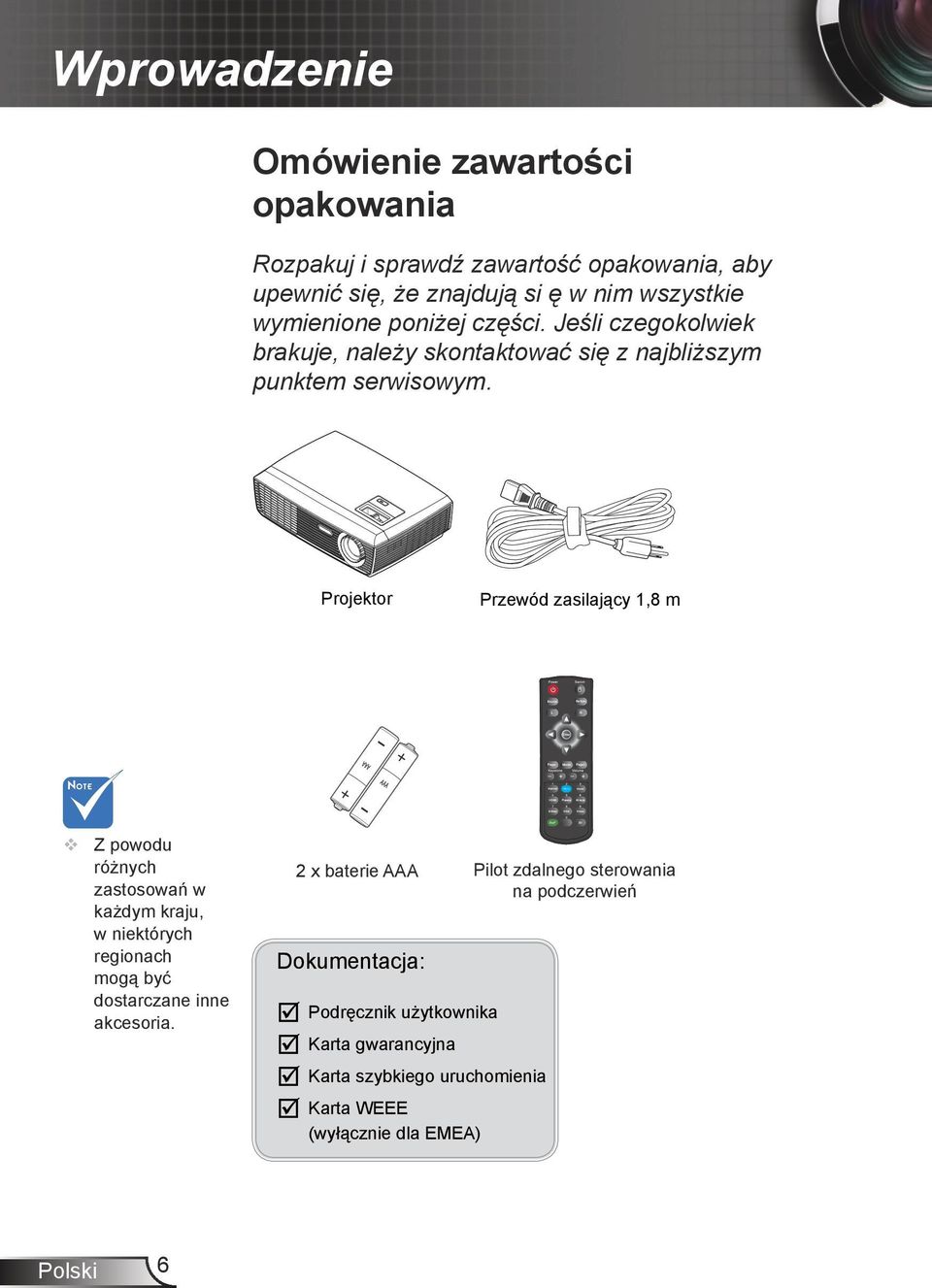 Projektor Przewód zasilający 1,8 m Z powodu różnych zastosowań w każdym kraju, w niektórych regionach mogą być dostarczane inne akcesoria.