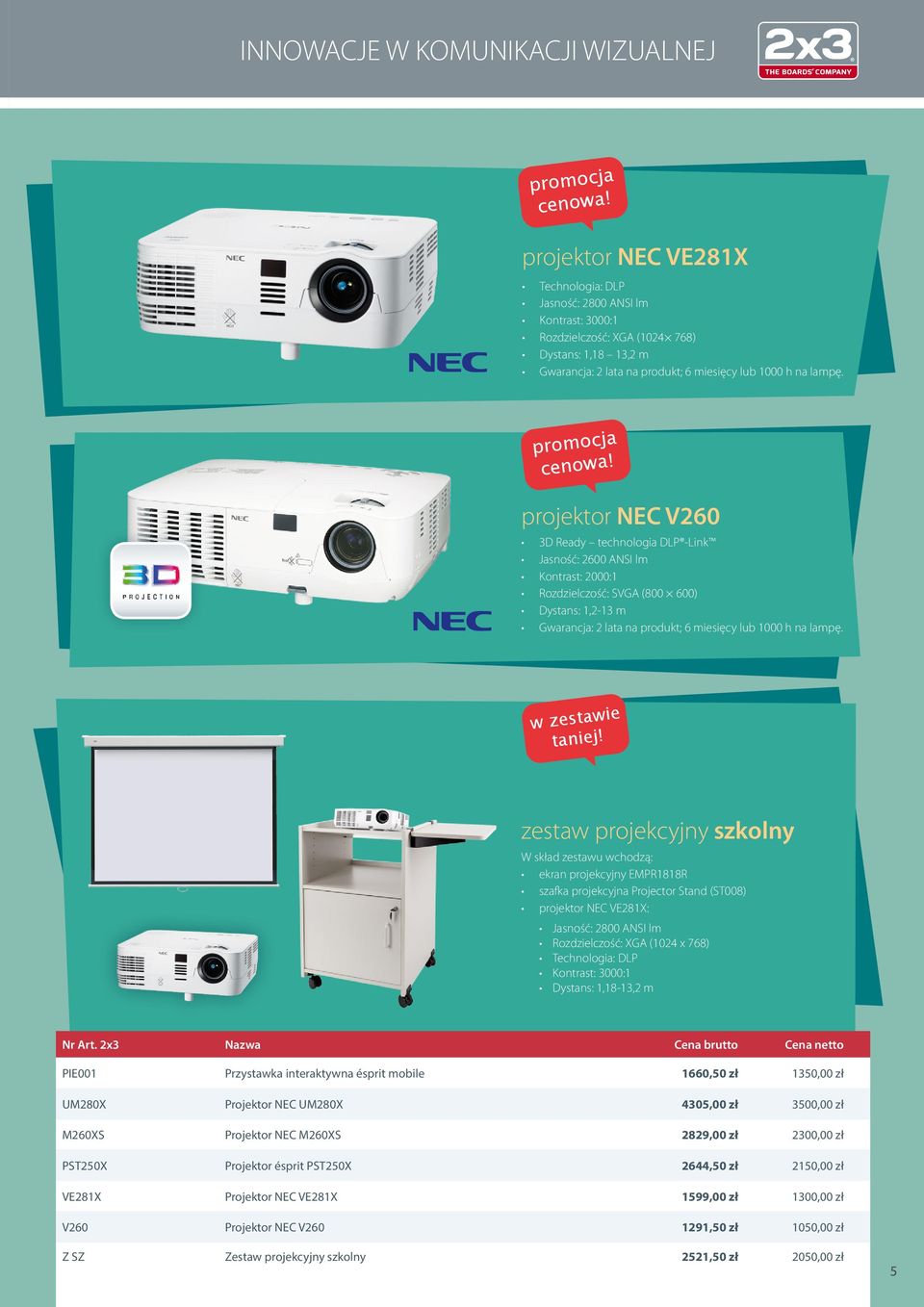 projektor NEC V260 3D Ready technologia DLP -Link Jasność: 2600 ANSI lm Kontrast: 2000:1 Rozdzielczość: SVGA (800 600) Dystans: 1,2-13 m Gwarancja: 2 lata na produkt; 6  w zestawie taniej!