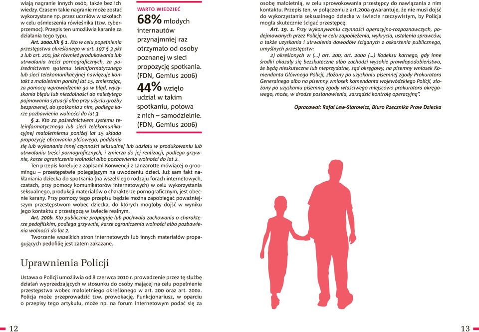 200, jak również produkowania lub utrwalania treści pornograficznych, za pośrednictwem systemu teleinformatycznego lub sieci telekomunikacyjnej nawiązuje kontakt z małoletnim poniżej lat 15,