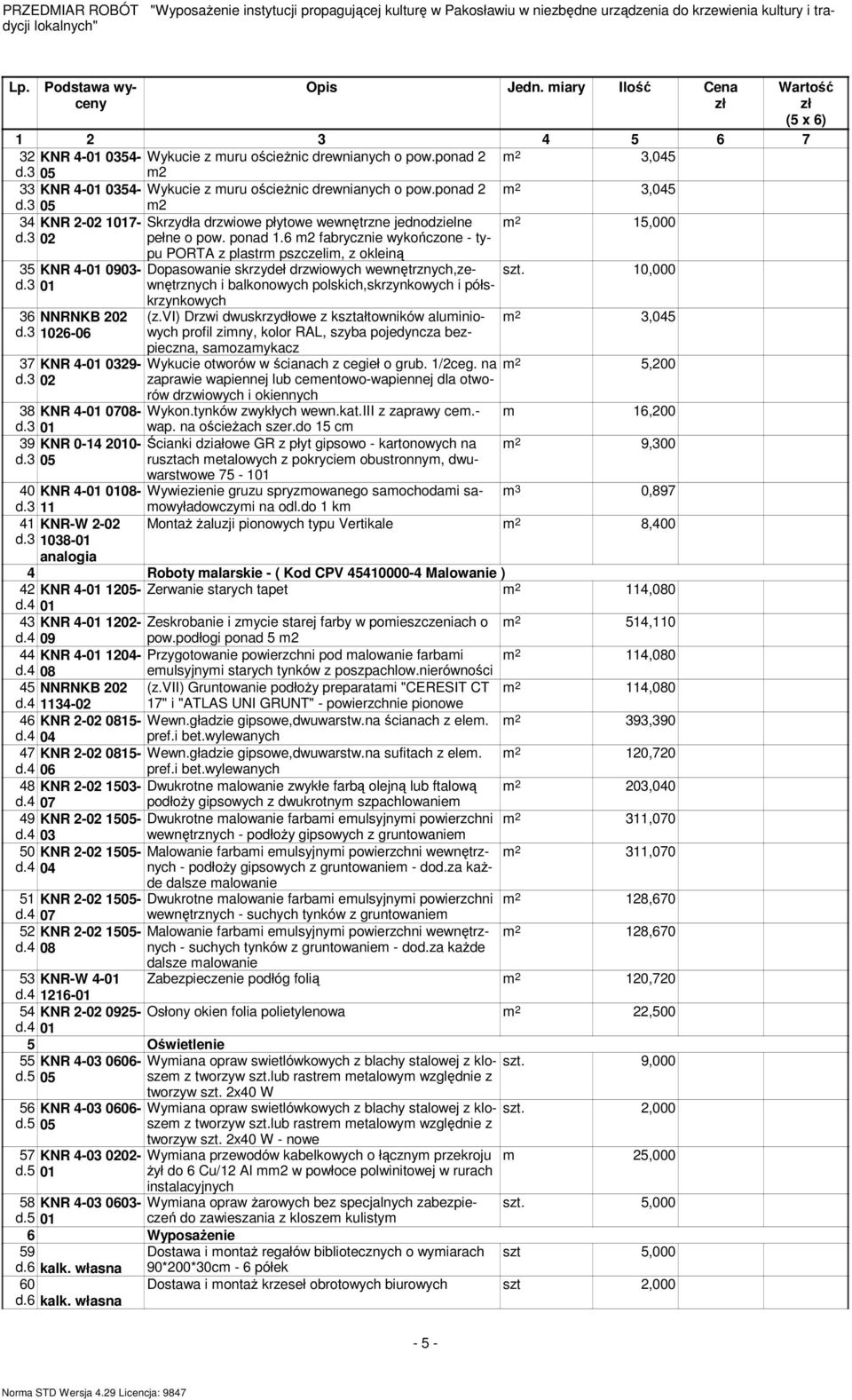 ponad 2 m 2 3,045 d.3 05 m2 34 KNR 2-02 1017- Skrzydła drzwiowe płytowe wewnętrzne jednodzielne m 2 15,000 d.3 02 pełne o pow. ponad 1.