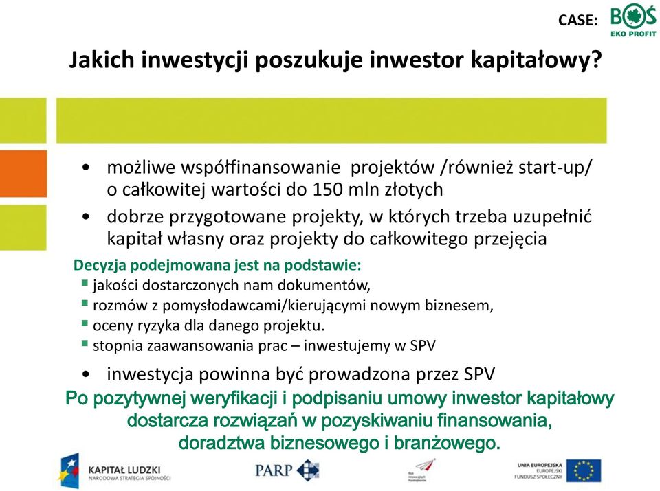 własny oraz projekty do całkowitego przejęcia Decyzja podejmowana jest na podstawie: jakości dostarczonych nam dokumentów, rozmów z pomysłodawcami/kierującymi nowym