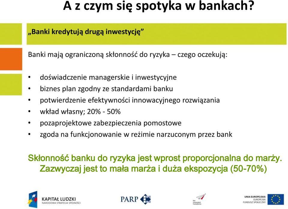 inwestycyjne biznes plan zgodny ze standardami banku potwierdzenie efektywności innowacyjnego rozwiązania wkład własny; 20%