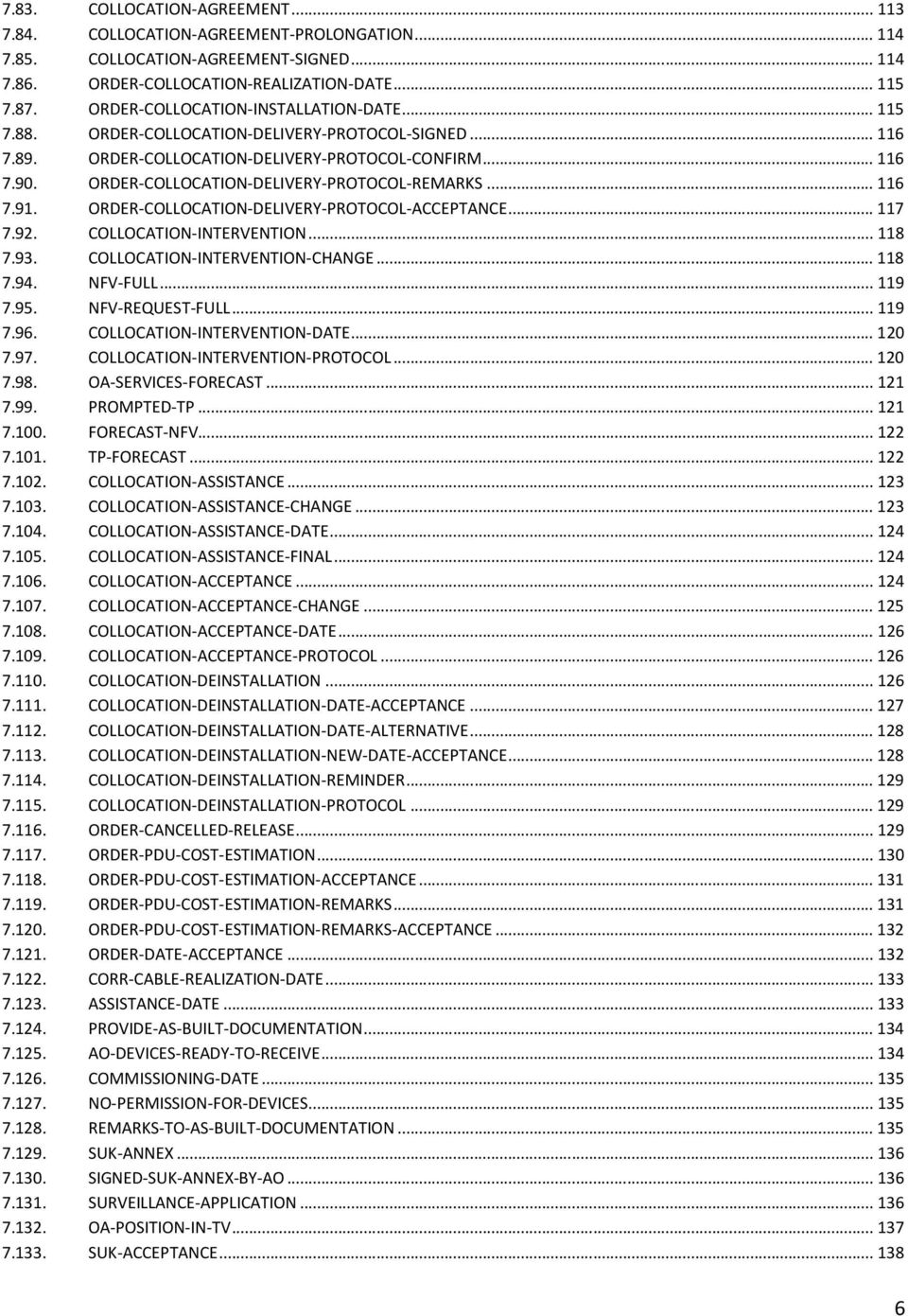 ORDER-COLLOCATION-DELIVERY-PROTOCOL-REMARKS...116 7.91. ORDER-COLLOCATION-DELIVERY-PROTOCOL-ACCEPTANCE...117 7.92. COLLOCATION-INTERVENTION...118 7.93. COLLOCATION-INTERVENTION-CHANGE...118 7.94.