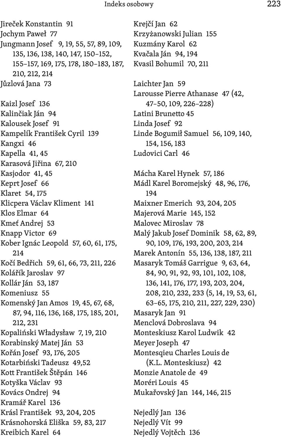 141 Klos Elmar 64 Kmeť Andrej 53 Knapp Victor 69 Kober Ignác Leopold 57, 60, 61, 175, 214 Kočí Bedřich 59, 61, 66, 73, 211, 226 Kolářík Jaroslav 97 Kollár Ján 53, 187 Komeniusz 55 Komenský Jan Amos