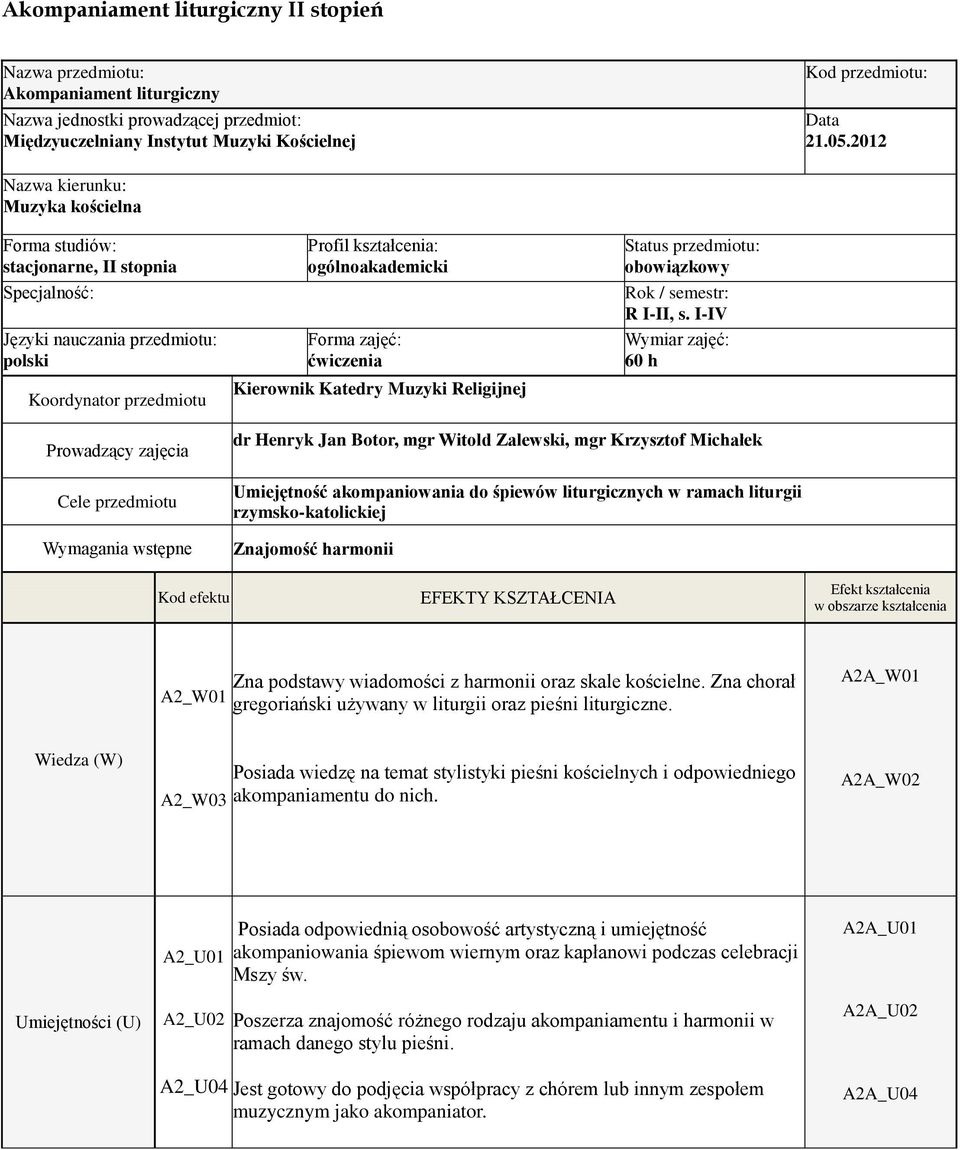 ćwiczenia Kierownik Katedry Muzyki Religijnej Status przedmiotu: obowiązkowy Rok / semestr: R I-II, s.