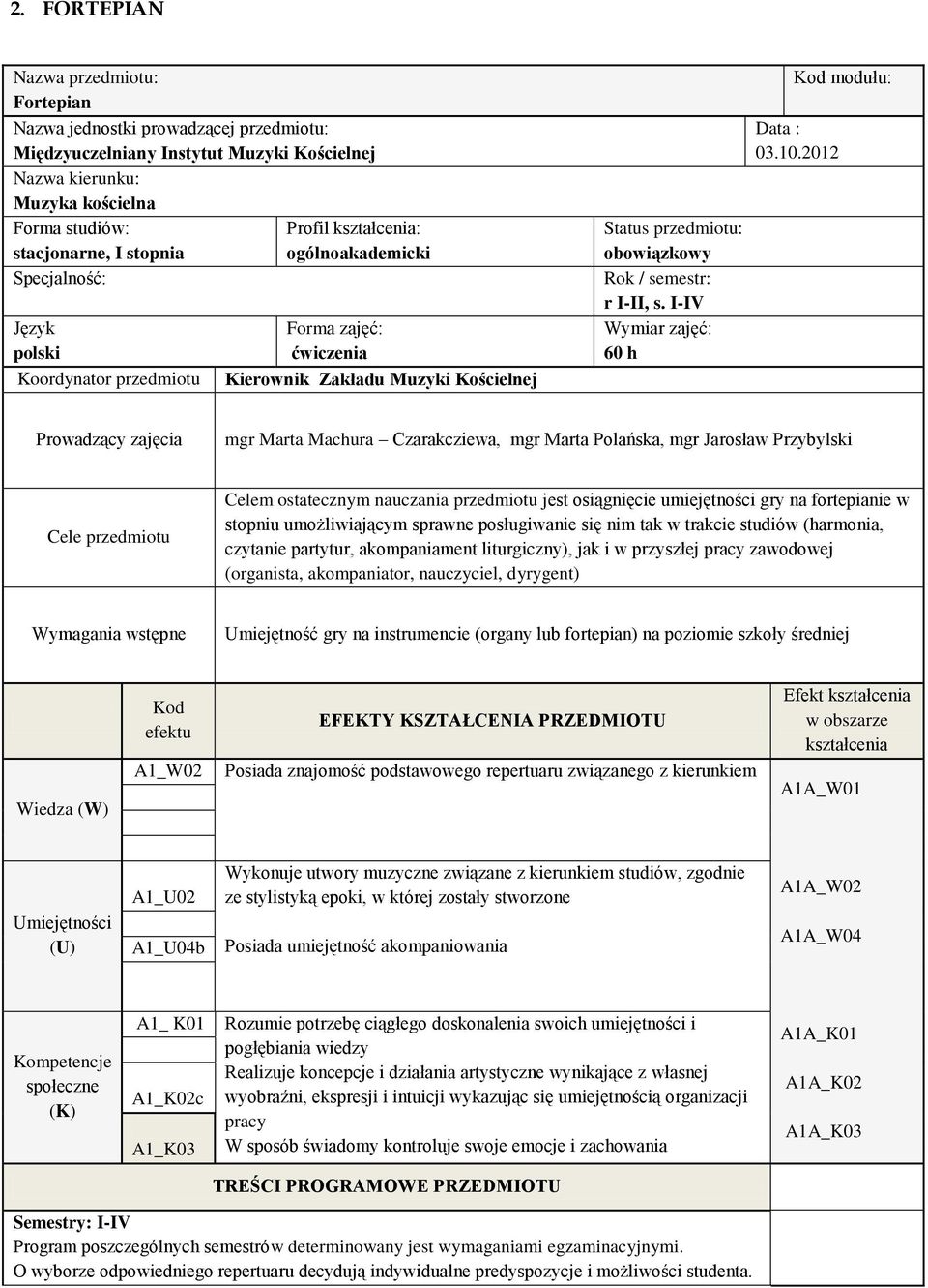 I-II, s. I-IV Wymiar zajęć: 60 h Kod modułu: Data : 03.10.