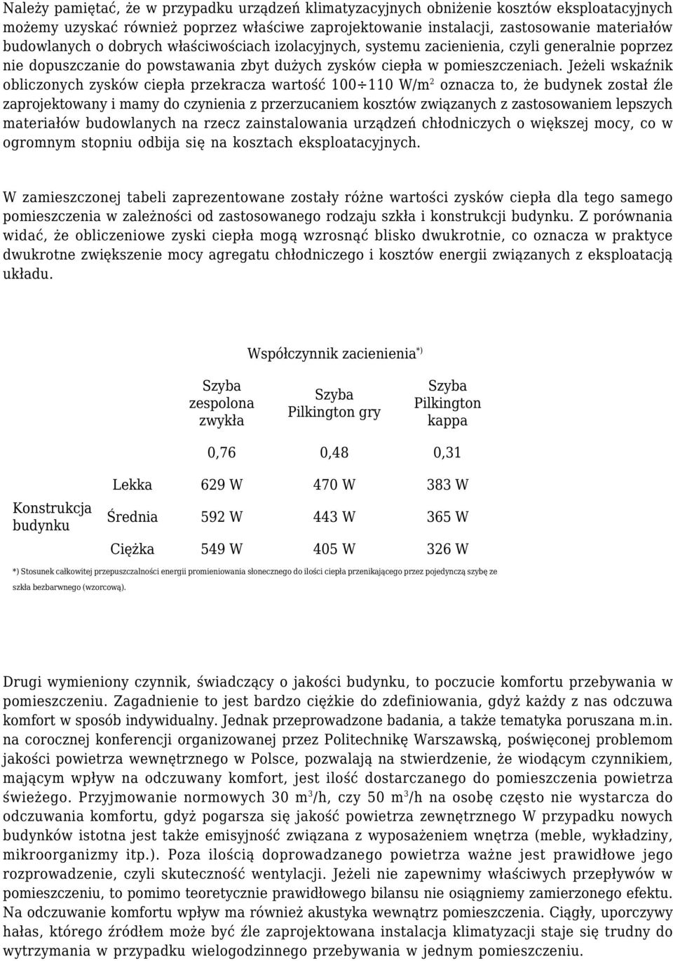 Jeżeli wskaźnik obliczonych zysków ciepła przekracza wartość 100 110 W/m 2 oznacza to, że budynek został źle zaprojektowany i mamy do czynienia z przerzucaniem kosztów związanych z zastosowaniem