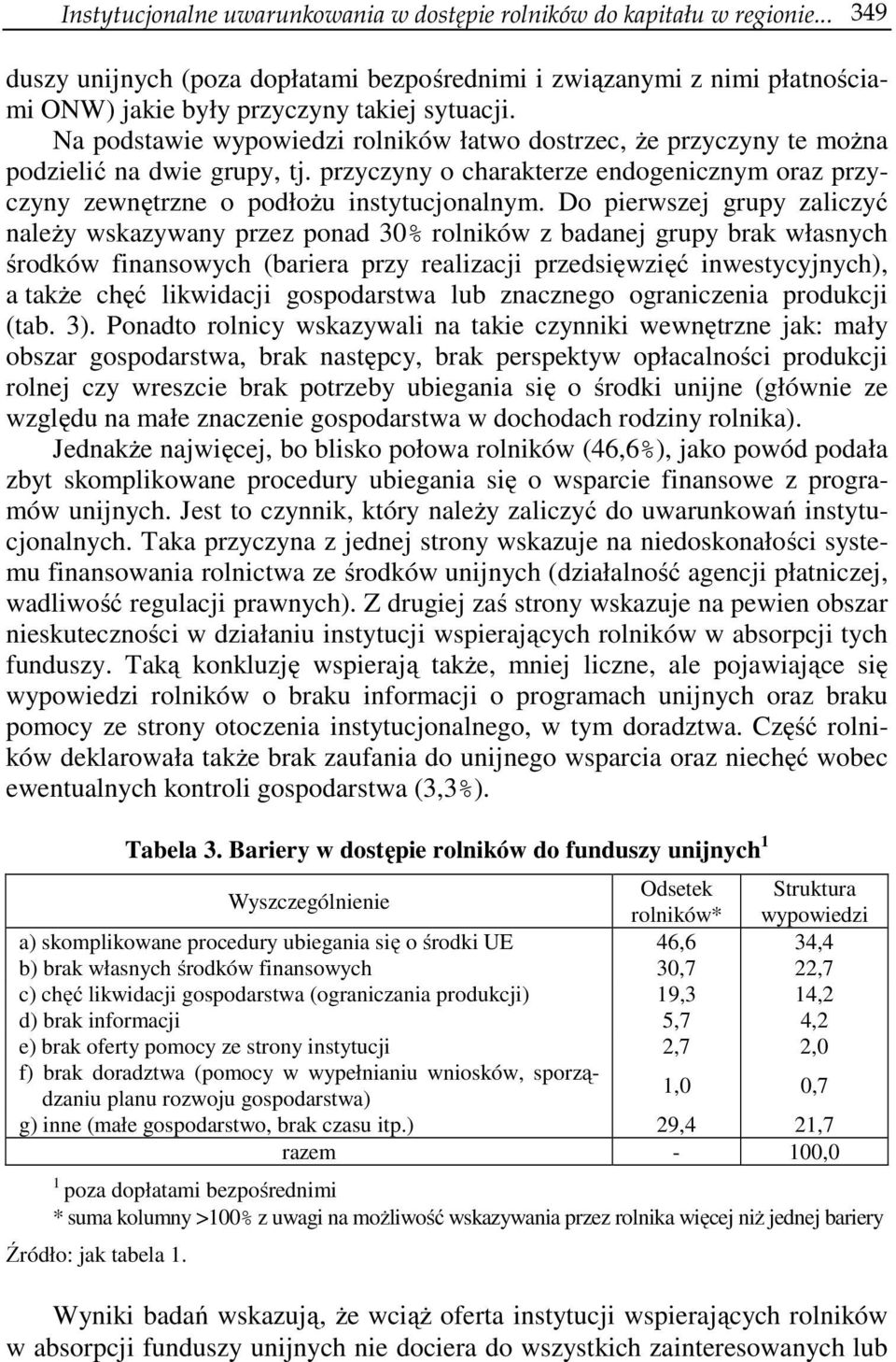 Do pierwszej grupy zaliczyć należy wskazywany przez ponad 30% rolników z badanej grupy brak własnych środków finansowych (bariera przy realizacji przedsięwzięć inwestycyjnych), a także chęć