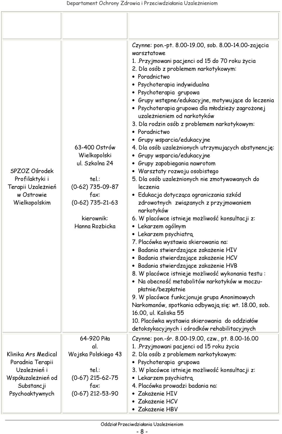 00-zajęcia warsztatowe 1..Przyjmowani pacjenci od 15 do 70 roku Ŝycia Grupy wstępne/edukacyjne, motywujące do dla młodzieŝy zagroŝonej uzaleŝnieniem od 6.