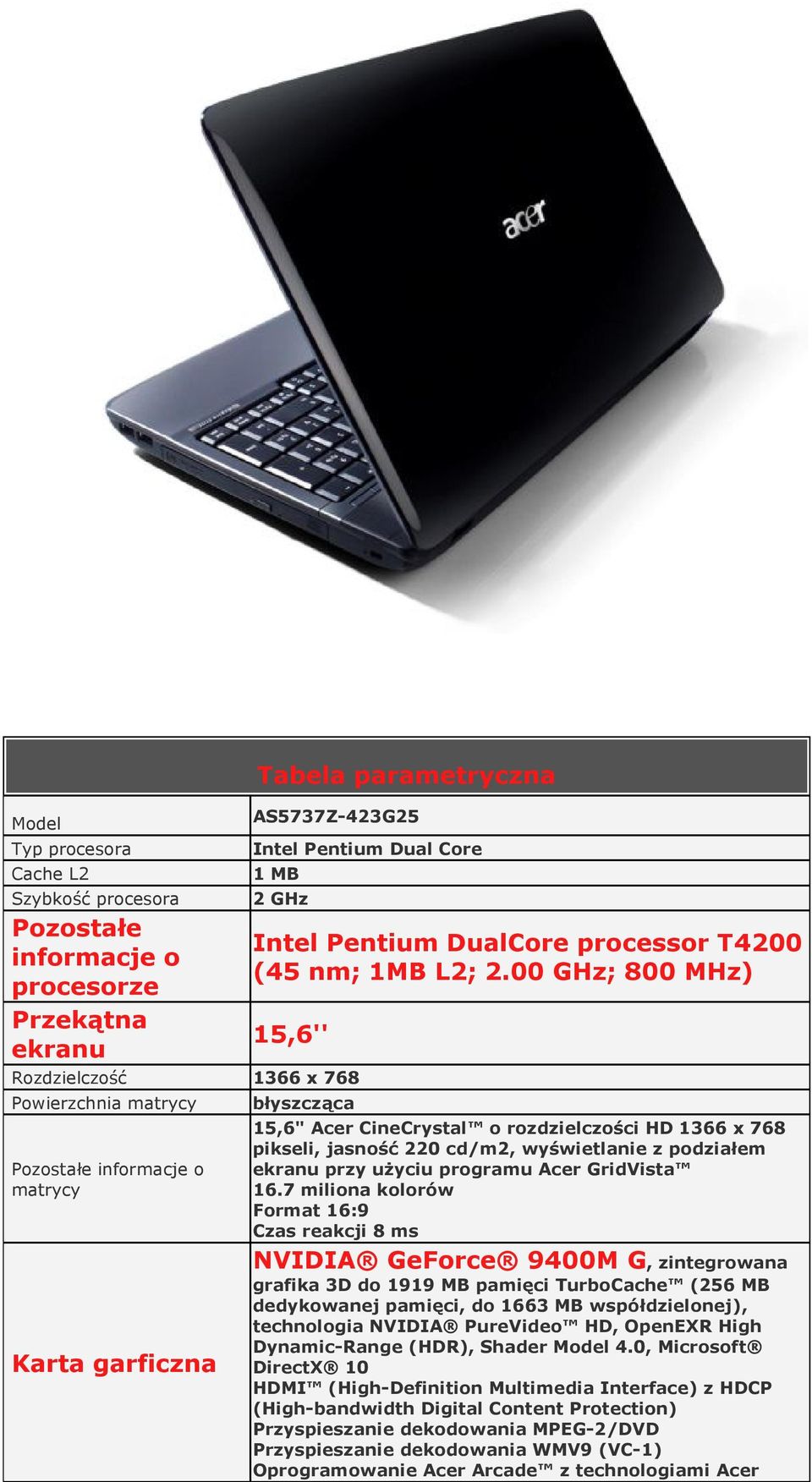 00 GHz; 800 MHz) 15,6'' Rozdzielczość 1366 x 768 Powierzchnia matrycy Pozostałe informacje o matrycy Karta garficzna błyszcząca 15,6" Acer CineCrystal o rozdzielczości HD 1366 x 768 pikseli, jasność