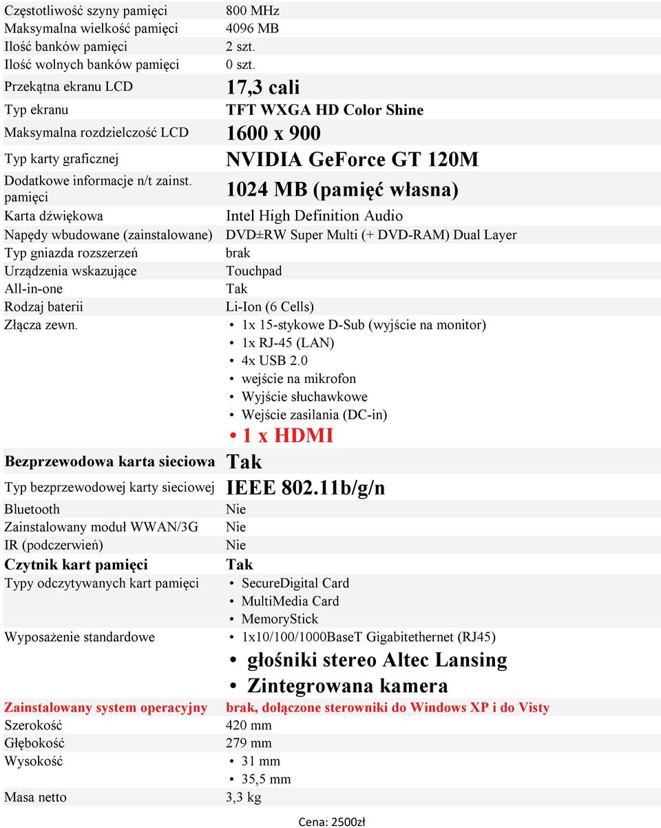 1024 MB (pamięć własna) pamięci Karta dźwiękowa Intel High Definition Audio Napędy wbudowane (zainstalowane) DVD±RW Super Multi (+ DVD-RAM) Dual Layer Typ gniazda rozszerzeń brak Urządzenia