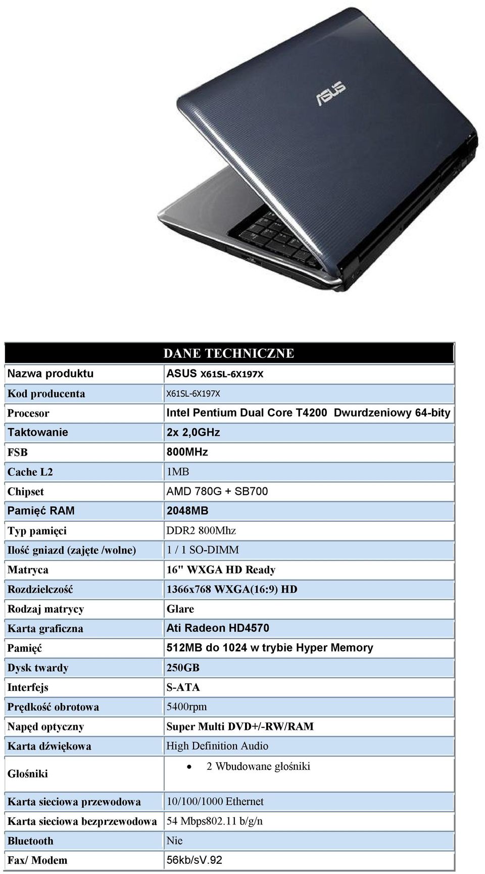 800MHz 1MB AMD 780G + SB700 2048MB DDR2 800Mhz 1 / 1 SO-DIMM 16" WXGA HD Ready 1366x768 WXGA(16:9) HD Glare Ati Radeon HD4570 512MB do 1024 w trybie Hyper Memory 250GB S-ATA 5400rpm