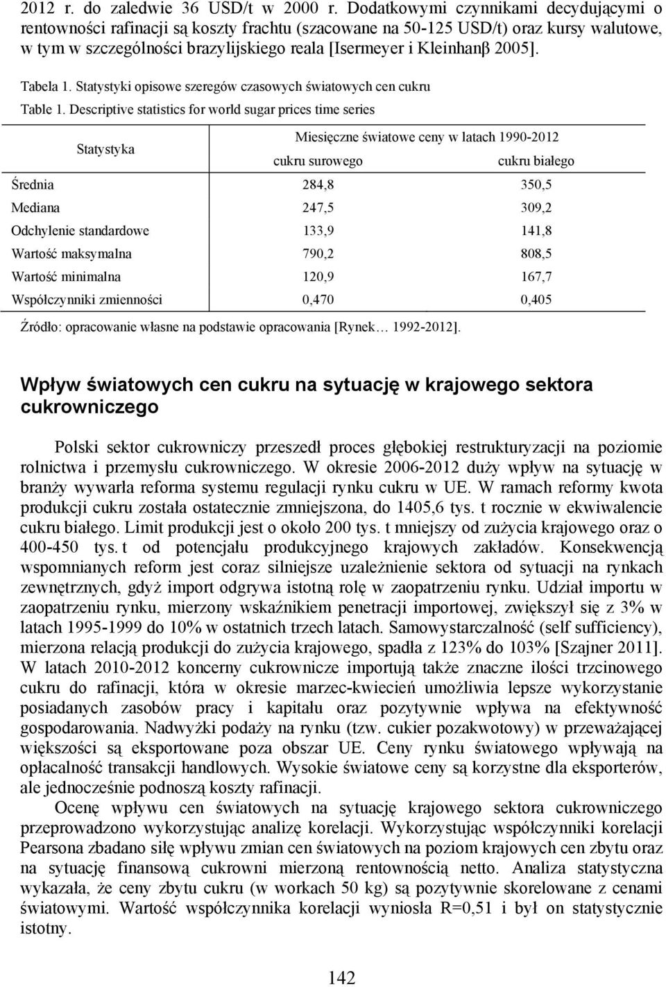 Tabela 1. Statystyki opisowe szeregów czasowych światowych cen cukru Table 1.