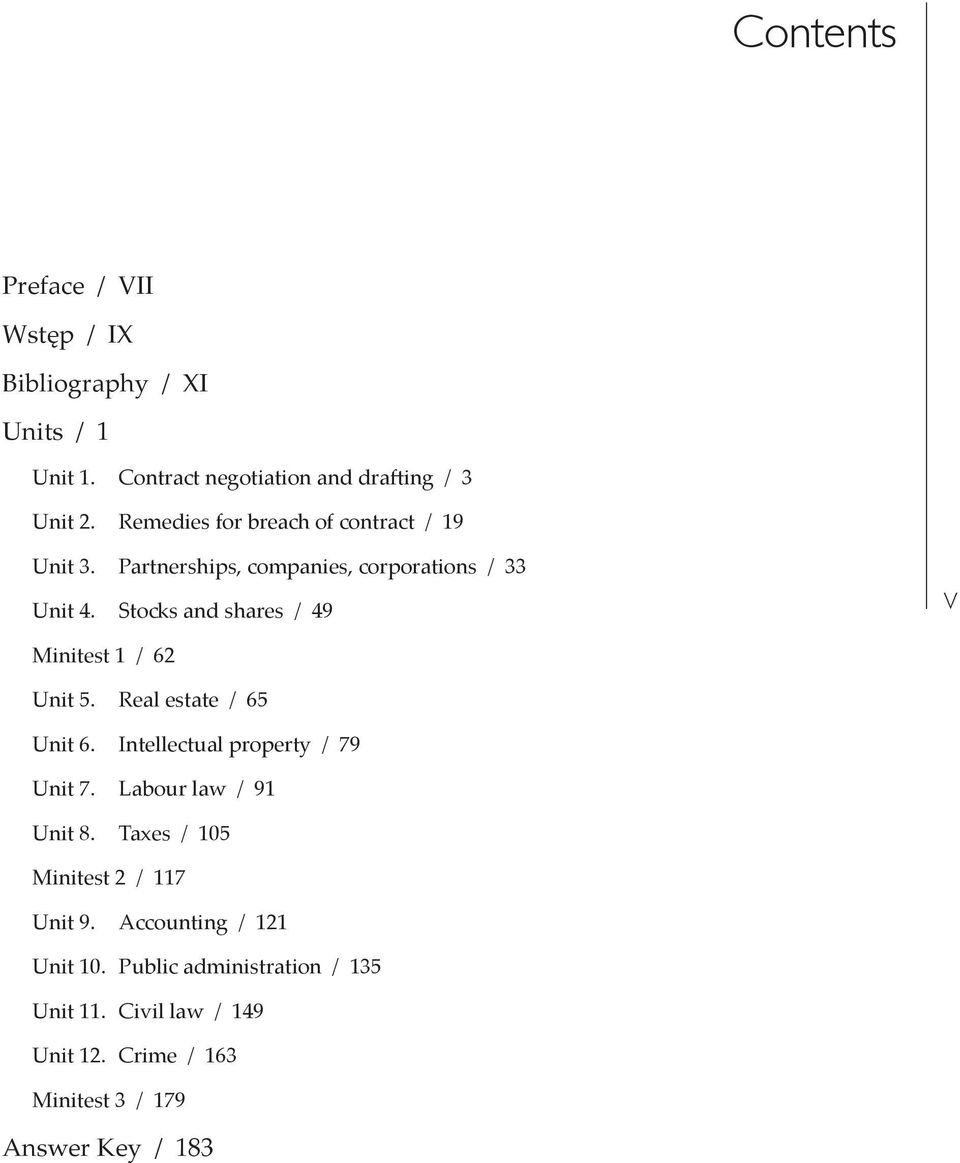 Stocks and shares / 49 V Minitest 1 / 62 Unit 5. Real estate / 65 Unit 6. Intellectual property / 79 Unit 7.