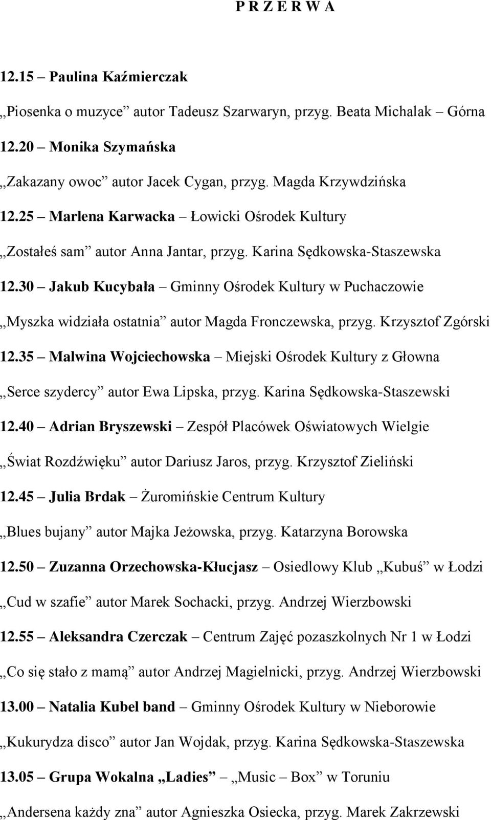 30 Jakub Kucybała Gminny Ośrodek Kultury w Puchaczowie Myszka widziała ostatnia autor Magda Fronczewska, przyg. Krzysztof Zgórski 12.