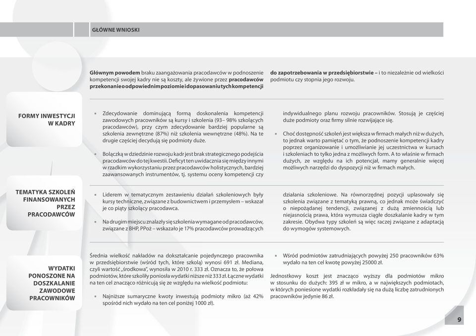 FORMY INWESTYCJI W KADRY Zdecydowanie dominującą formą doskonalenia kompetencji zawodowych pracowników są kursy i szkolenia (93 98% szkolących pracodawców), przy czym zdecydowanie bardziej popularne