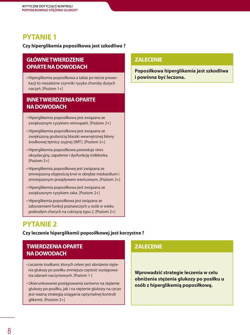 [Poziom 1+] ZALECENIE Poposiłkowa hiperglikemia jest szkodliwa i powinna być leczona. INNE TWIERDZENIA OPARTE NA DOWODACH Hiperglikemia poposiłkowa jest związana ze zwiększonym ryzykiem retinopatii.
