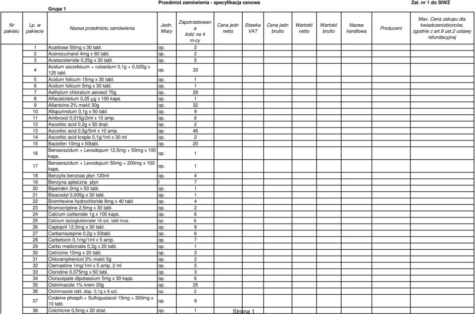 32 10 Allopurinolum 0,1g x 50 tbl. op. 9 11 Ambroxol 0,015g/2ml x 10 mp. op. 6 12 Ascorbic cid 0,2g x 50 drż. op. 2 13 Ascorbic cid 0,5g/5ml x 10 mp. op. 46 14 Ascorbic cid krople 0,1g/1ml x 30 ml op.