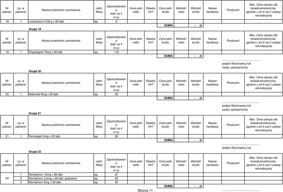 116 Grup 20 podpis Wykonwcy lub osoby upowżnionej przedmiotu zmówieni 20 1 Nebivolol 5mg x 30 tbl. op.