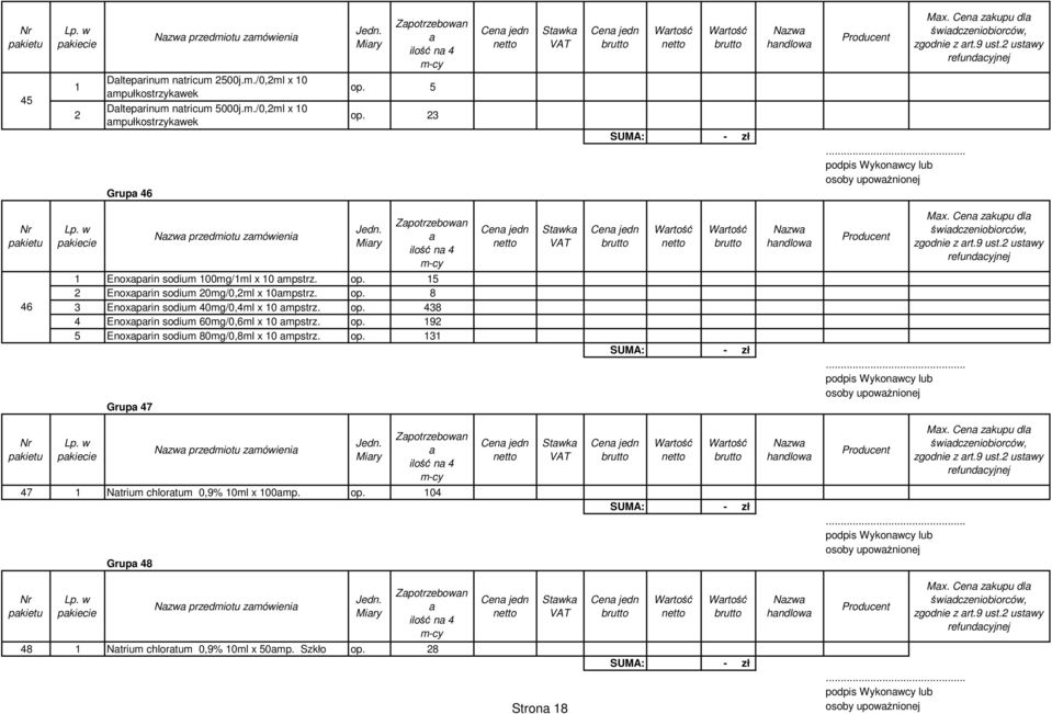 op. 438 4 Enoxprin sodium 60mg/0,6ml x 10 mpstrz. op. 192 5 Enoxprin sodium 80mg/0,8ml x 10 mpstrz. op. 131 podpis Wykonwcy lub osoby upowżnionej Grup 47 przedmiotu zmówieni 47 1 Ntrium chlortum 0,9% 10ml x 100mp.