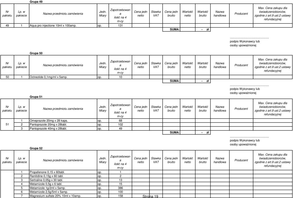 10 Grup 51 podpis Wykonwcy lub osoby upowżnionej 51 przedmiotu zmówieni 1 Omeprzole 20mg x 28 kps. op. 68 2 Pntoprzole 20mg x 28tbl. op. 102 3 Pntoprzole 40mg x 28tbl.