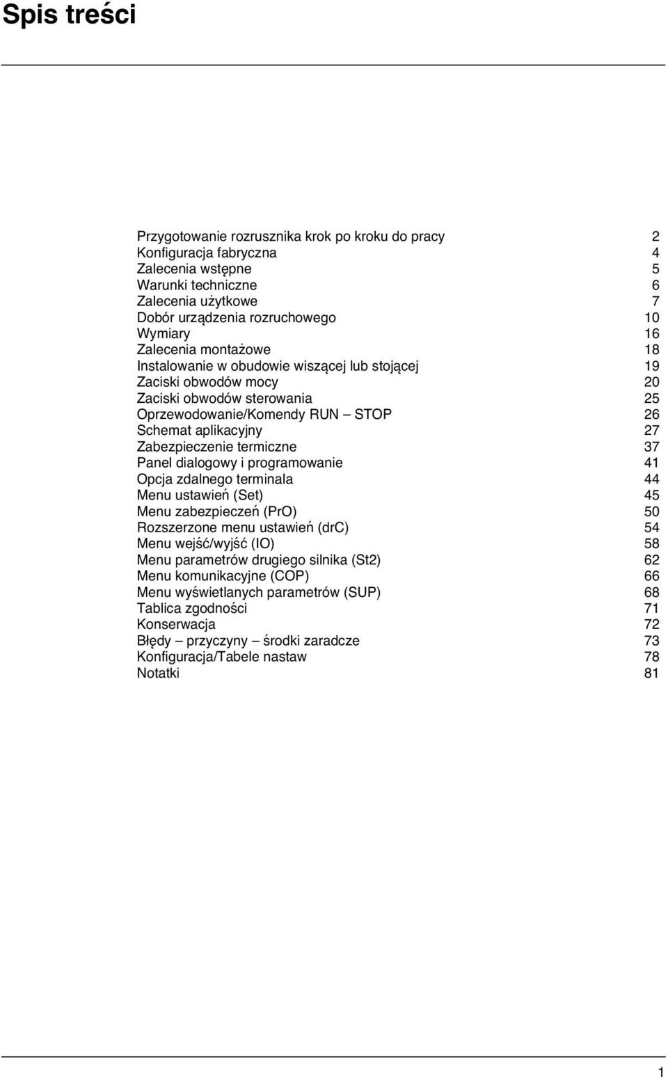 termiczne 37 Panel dialogowy i programowanie 41 Opcja zdalnego terminala 44 Menu ustawień (Set) 45 Menu zabezpieczeń (PrO) 50 Rozszerzone menu ustawień (drc) 54 Menu wejść/wyjść (IO) 58 Menu