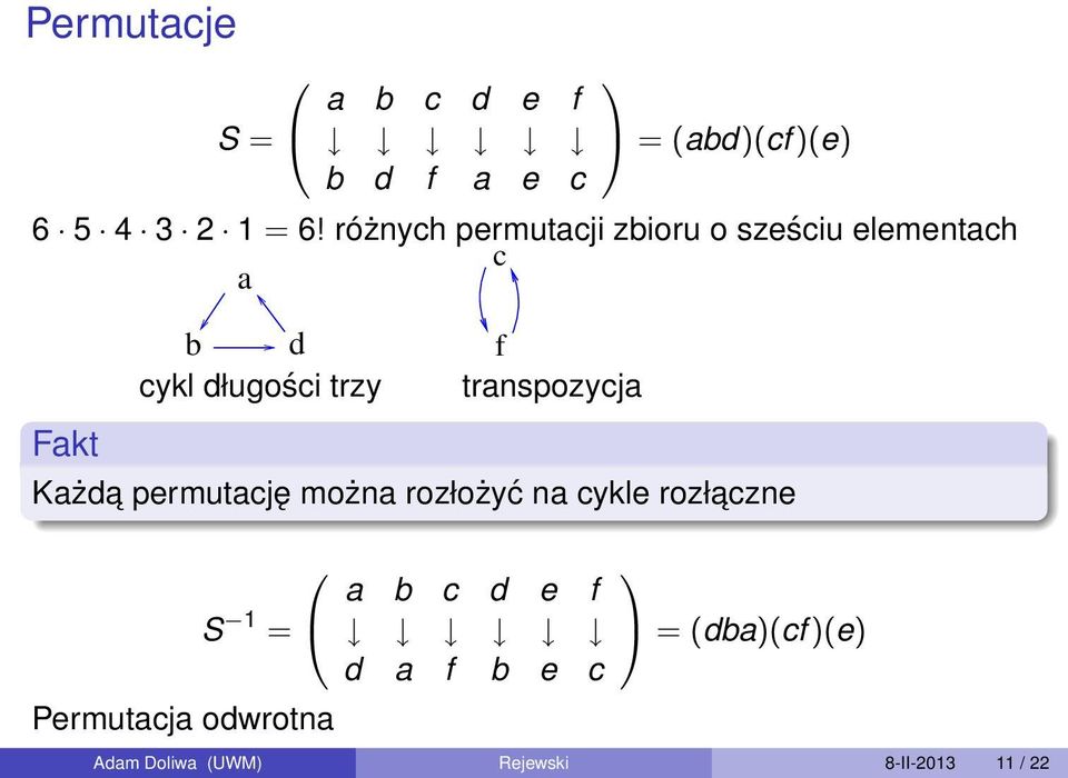 transpozycja Każda permutację można rozłożyć na cykle rozłaczne S 1 = Permutacja