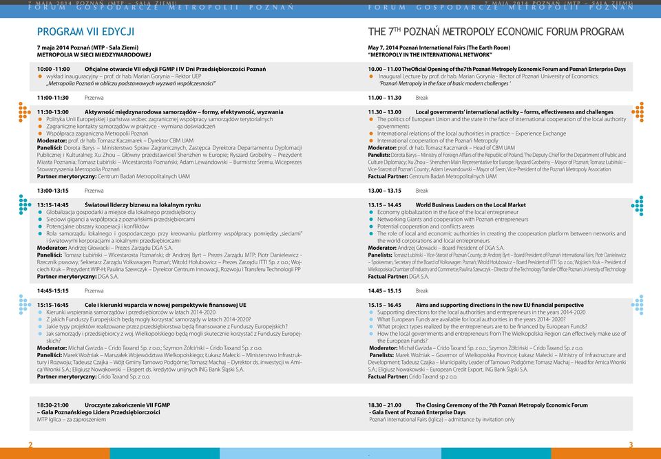 Marian Gorynia Rektor UEP Metropolia Poznań w obliczu podstawowych wyzwań współczesności 11:00-11:30 Przerwa 11:30-13:00 Aktywność międzynarodowa samorządów formy, efektywność, wyzwania Polityka Unii