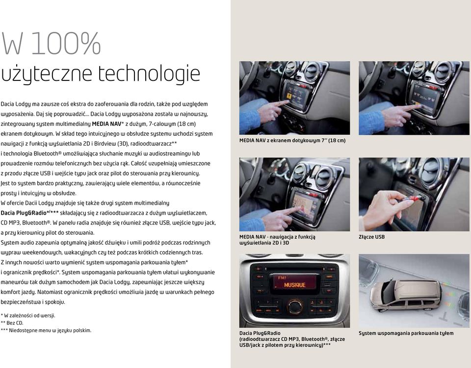 W skład tego intuicyjnego w obsłudze systemu wchodzi system nawigacji z funkcją wyświetlania 2D i Birdview (3D), radioodtwarzacz** i technologia Bluetooth umożliwiająca słuchanie muzyki w