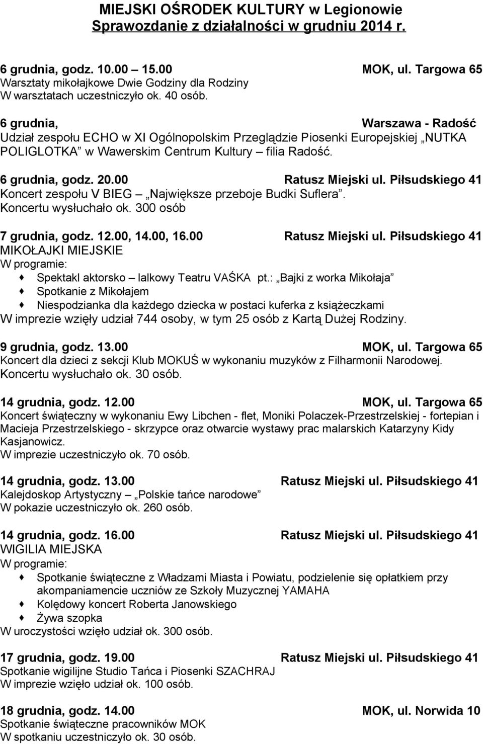 6 grudnia, Warszawa - Radość Udział zespołu ECHO w XI Ogólnopolskim Przeglądzie Piosenki Europejskiej NUTKA POLIGLOTKA w Wawerskim Centrum Kultury filia Radość. 6 grudnia, godz. 20.