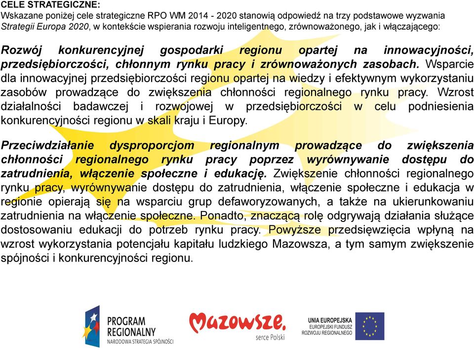 Wsparcie dla innowacyjnej przedsiębiorczości regionu opartej na wiedzy i efektywnym wykorzystaniu zasobów prowadzące do zwiększenia chłonności regionalnego rynku pracy.