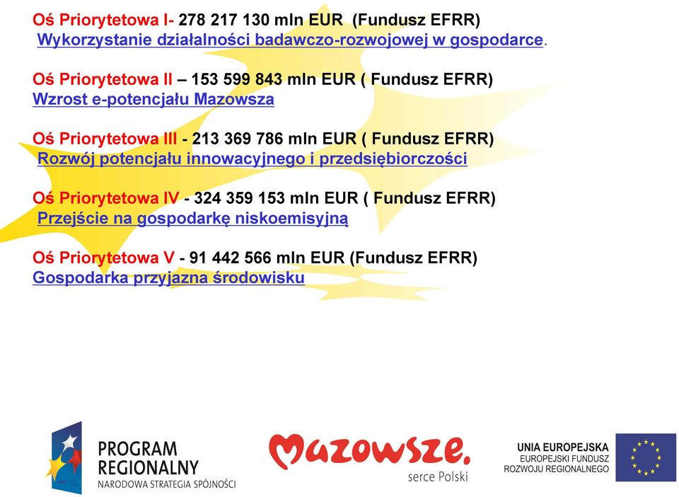 EUR ( Fundusz EFRR) Rozwój potencjału innowacyjnego i przedsiębiorczości Oś Priorytetowa IV - 324 359 153 mln EUR (