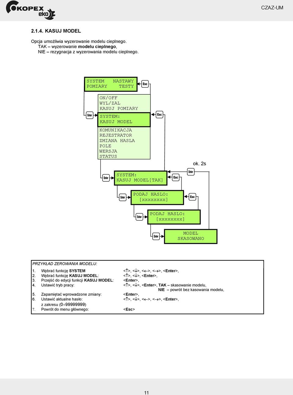 2s SYSTEM: KASUJ MODEL[TAK] PODAJ HASLO: [xxxxxxxx] PODAJ HASLO: [xxxxxxxx] MODEL SKASOWANO PRZYK AD ZEROWANIA MODELU: 1. Wybra funkcj SYSTEM < >, < >, < >, < >, <Enter>, 2.