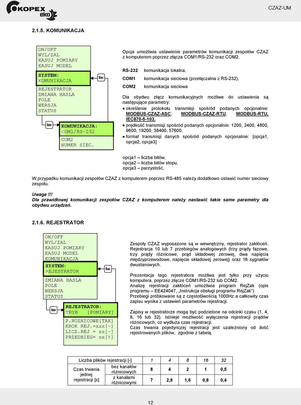 RS-232 COM1 COM2 komunikacja lokalna, komunikacja sieciowa (prze czalna z RS-232), komunikacja sieciowa Dla obydwu z cz komunikacyjnych mo liwe do ustawienia s nast puj ce parametry: okre lenie