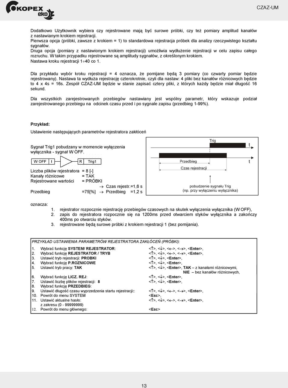 Druga opcja (pomiary z nastawionym krokiem rejestracji) umo liwia wyd u enie rejestracji w celu zapisu ca ego rozruchu. W takim przypadku rejestrowane s amplitudy sygna ów, z okre lonym krokiem.