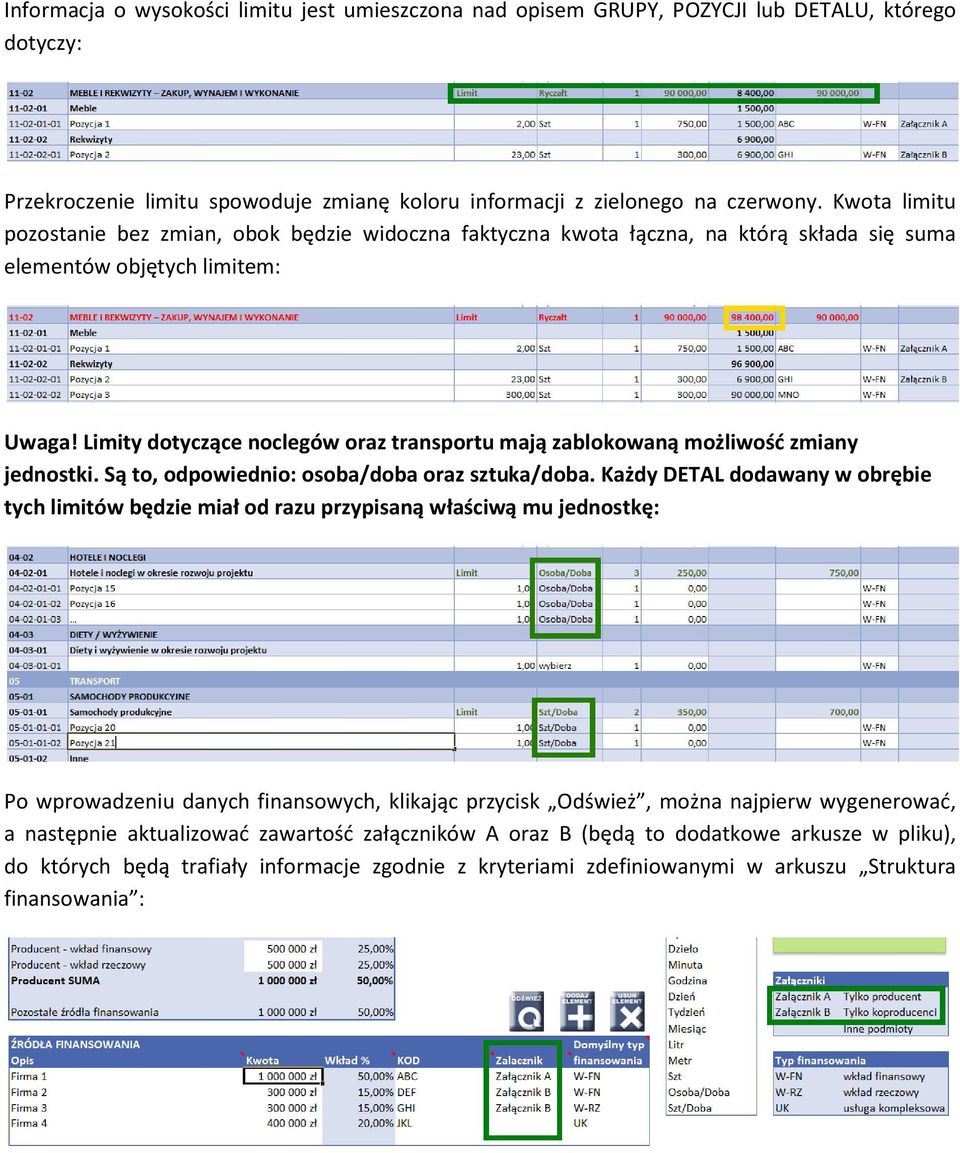 Limity dotyczące noclegów oraz transportu mają zablokowaną możliwość zmiany jednostki. Są to, odpowiednio: osoba/doba oraz sztuka/doba.