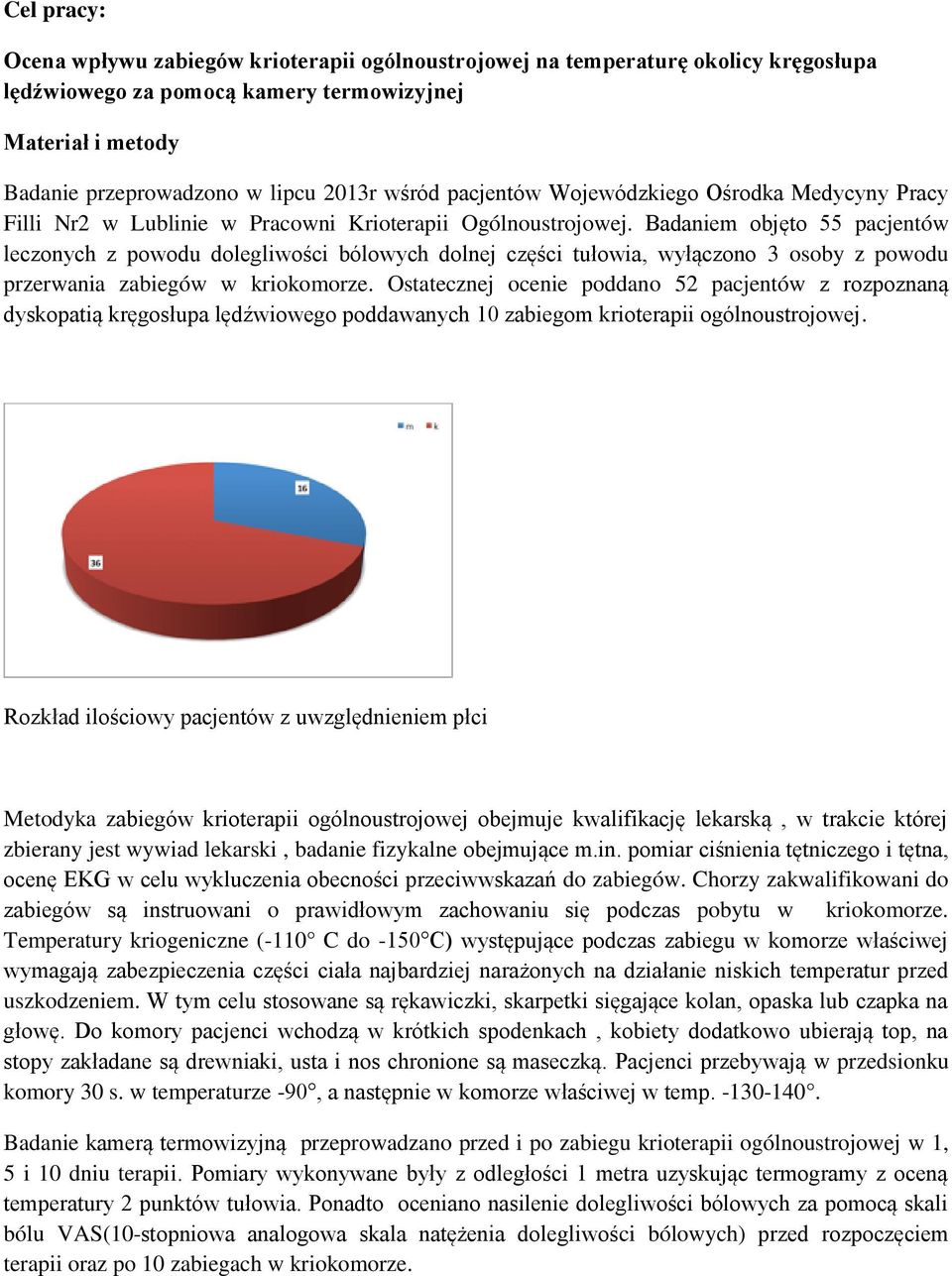 Badaniem objęto 55 pacjentów leczonych z powodu dolegliwości bólowych dolnej części tułowia, wyłączono 3 osoby z powodu przerwania zabiegów w kriokomorze.