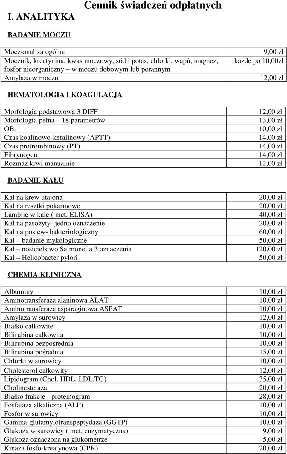 Czas koalinowo-kefalinowy (APTT) Czas protrombinowy (PT) Fibrynogen Rozmaz krwi manualnie 13,00 zł BADANIE KAŁU Kał na krew utajoną Kał na resztki pokarmowe Lamblie w kale ( met.