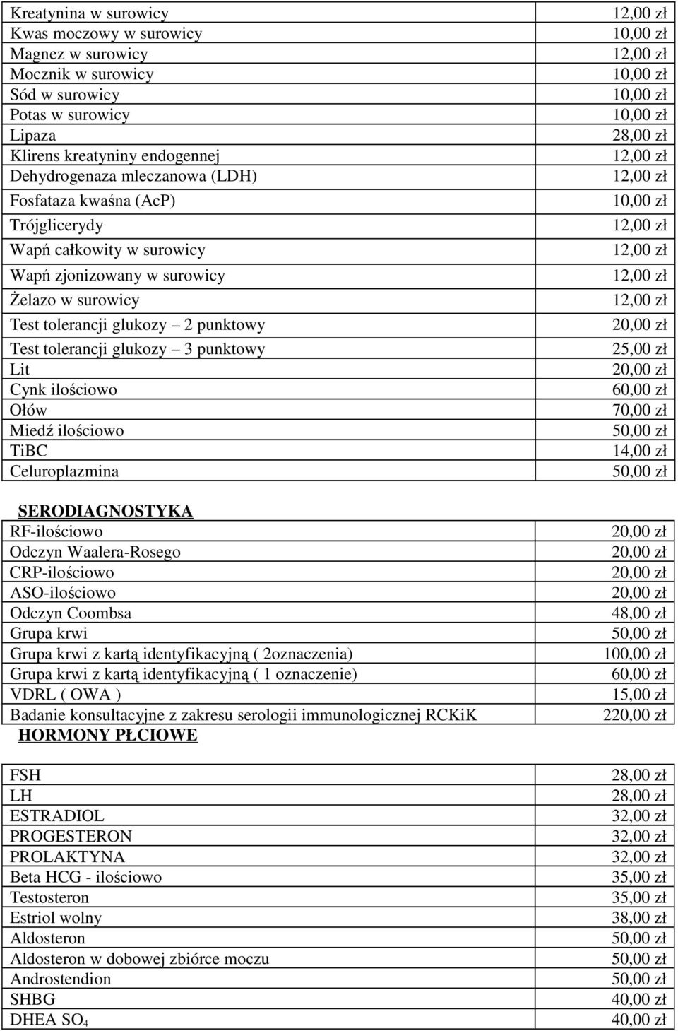 ilościowo TiBC Celuroplazmina SERODIAGNOSTYKA RF-ilościowo Odczyn Waalera-Rosego CRP-ilościowo ASO-ilościowo Odczyn Coombsa Grupa krwi Grupa krwi z kartą identyfikacyjną ( 2oznaczenia) Grupa krwi z