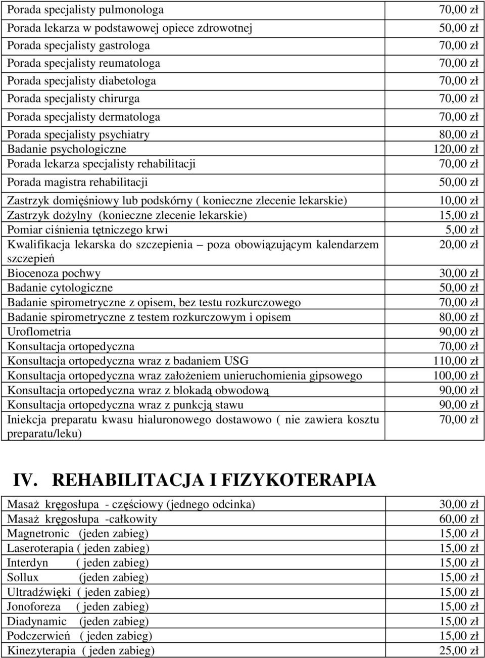 konieczne zlecenie lekarskie) Zastrzyk dożylny (konieczne zlecenie lekarskie) Pomiar ciśnienia tętniczego krwi Kwalifikacja lekarska do szczepienia poza obowiązującym kalendarzem szczepień Biocenoza