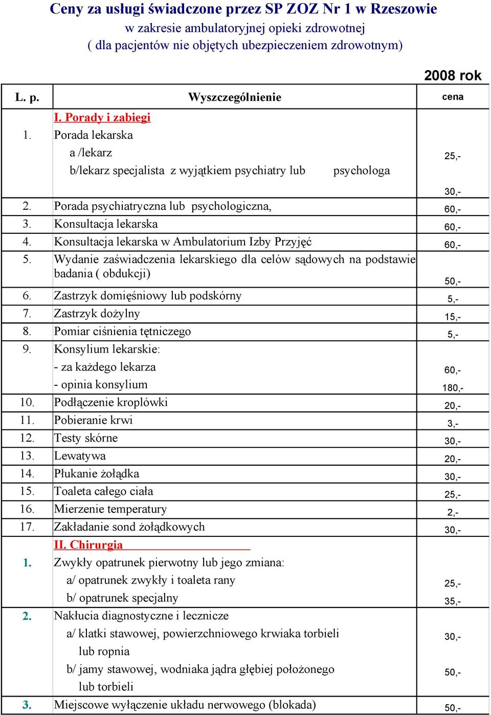 Pomiar ciśnienia tętniczego 5,- 9. Konsylium lekarskie: - za każdego lekarza 60,- - opinia konsylium 180,- 10. Podłączenie kroplówki 11. Pobieranie krwi 3,- 12. Testy skórne 13. Lewatywa 14.