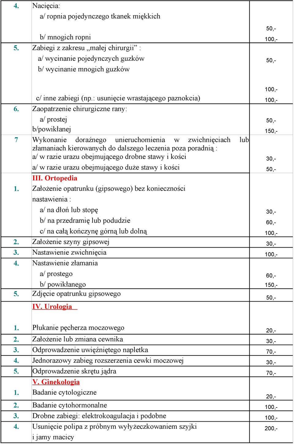 Zaopatrzenie chirurgiczne rany: a/ prostej b/powikłanej 1 7 Wykonanie doraźnego unieruchomienia w zwichnięciach lub złamaniach kierowanych do dalszego leczenia poza poradnią : a/ w razie urazu