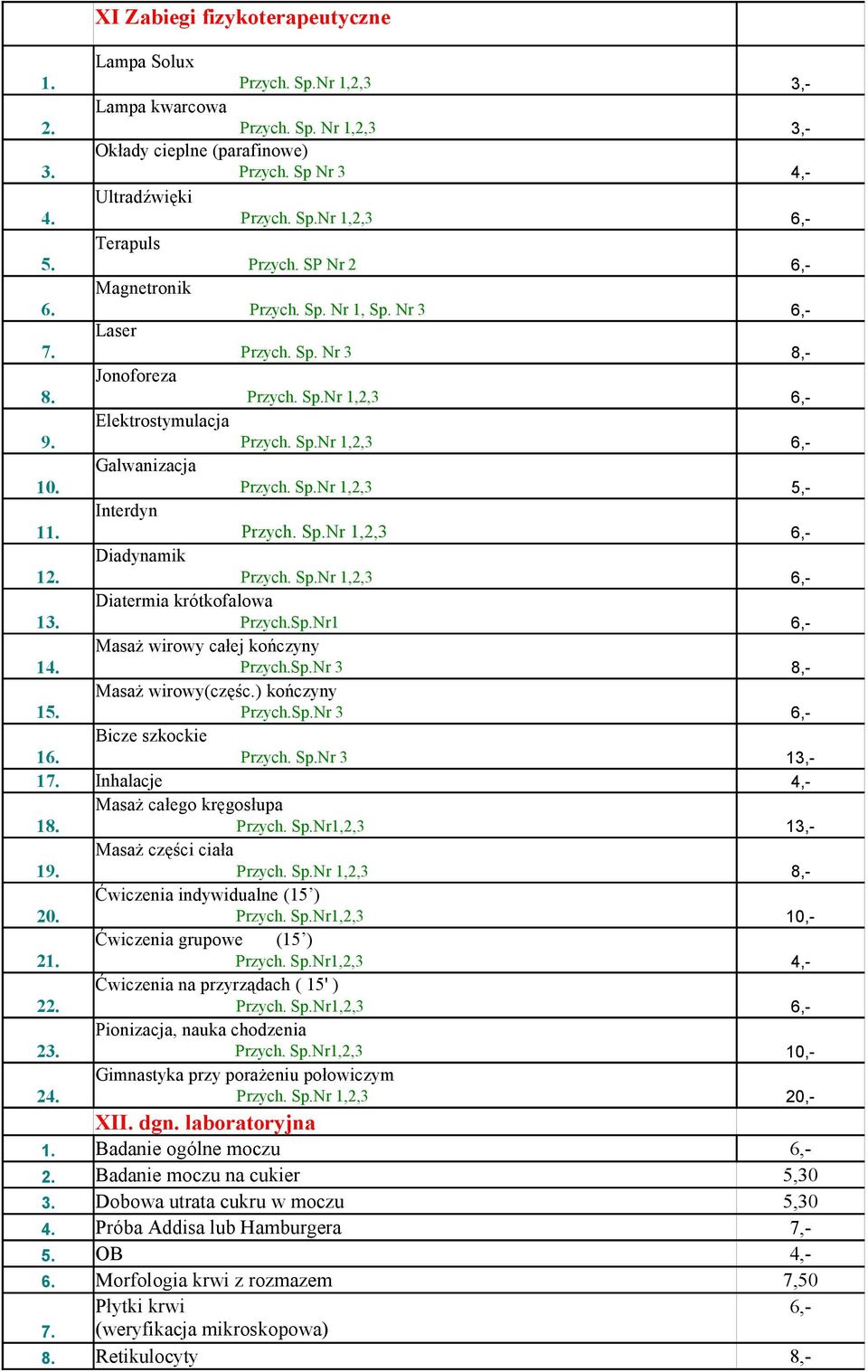 Masaż wirowy całej kończyny Przych.Sp.Nr 3 8,- 15. Masaż wirowy(częśc.) kończyny Przych.Sp.Nr 3 16. Bicze szkockie Przych. Sp.Nr 3 13,- 17. Inhalacje 4,- 18. Masaż całego kręgosłupa Przych. Sp.Nr1,2,3 13,- 19.