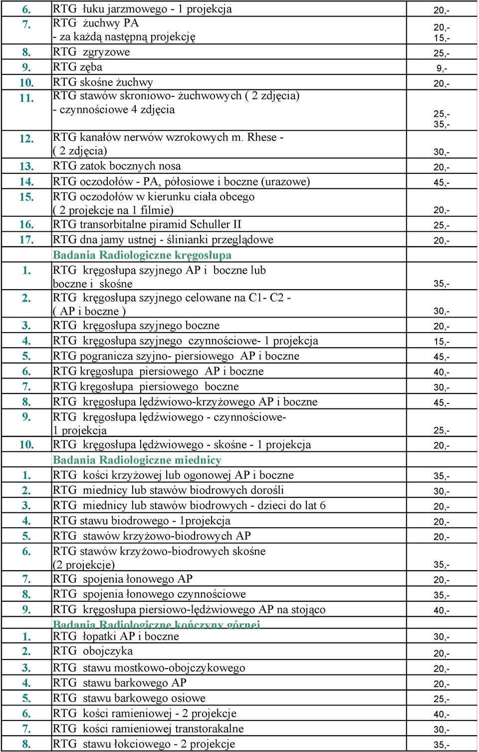 RTG oczodołów - PA, półosiowe i boczne (urazowe) 15. RTG oczodołów w kierunku ciała obcego ( 2 projekcje na 1 filmie) 16. RTG transorbitalne piramid Schuller II 25,- 17.