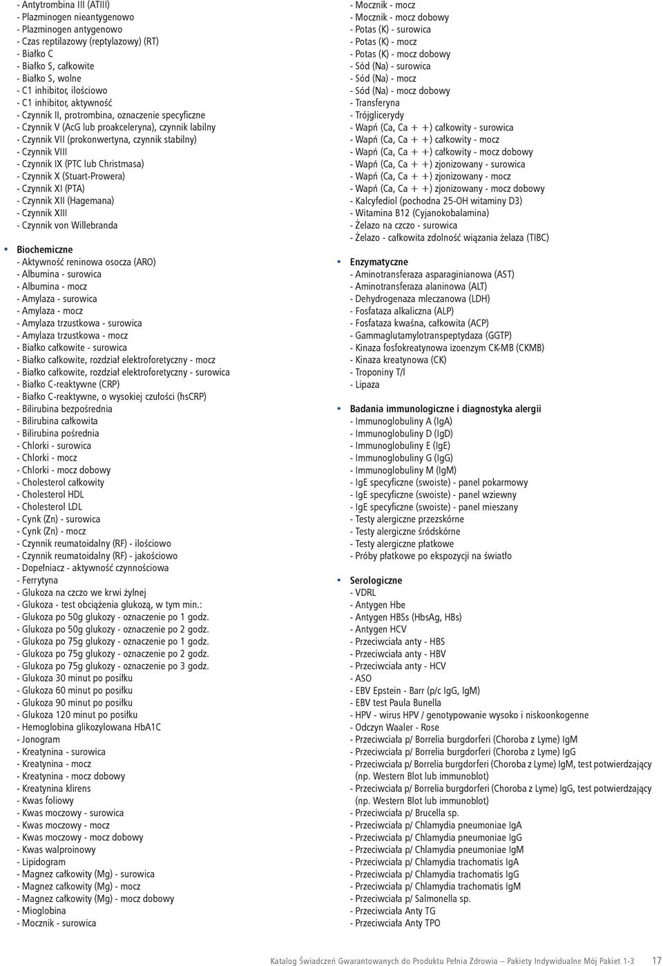 (PTC lub Christmasa) - Czynnik X (Stuart-Prowera) - Czynnik XI (PTA) - Czynnik XII (Hagemana) - Czynnik XIII - Czynnik von Willebranda Biochemiczne - Aktywność reninowa osocza (ARO) - Albumina -