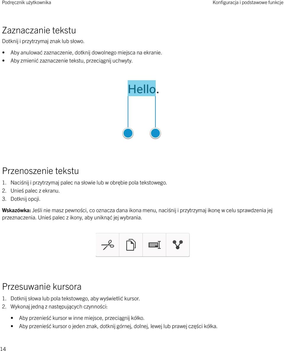 Wskazówka: Jeśli nie masz pewności, co oznacza dana ikona menu, naciśnij i przytrzymaj ikonę w celu sprawdzenia jej przeznaczenia. Unieś palec z ikony, aby uniknąć jej wybrania.