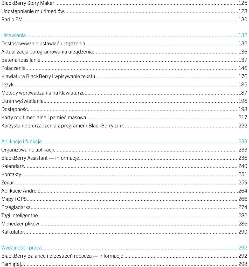 .. 198 Karty multimedialne i pamięć masowa... 217 Korzystanie z urządzenia z programem BlackBerry Link... 222 Aplikacje i funkcje...233 Organizowanie aplikacji... 233 BlackBerry Assistant informacje.