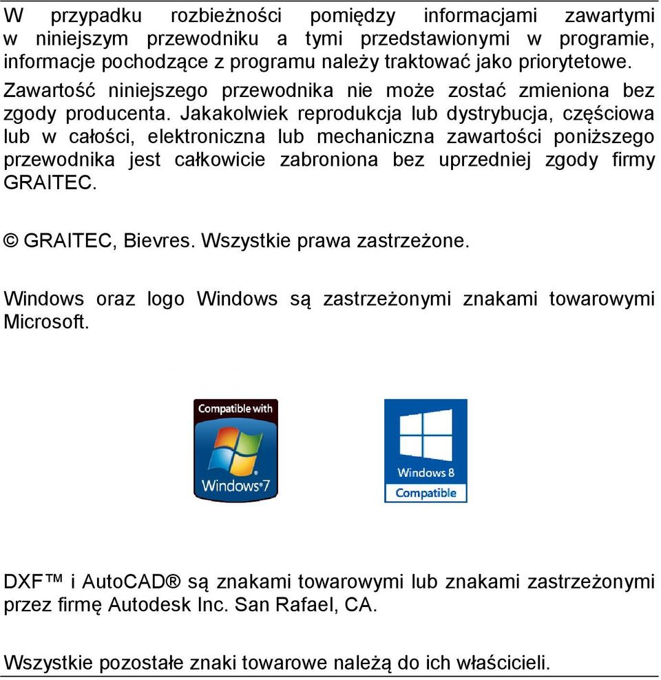 Jakakolwiek reprodukcja lub dystrybucja, częściowa lub w całości, elektroniczna lub mechaniczna zawartości poniższego przewodnika jest całkowicie zabroniona bez uprzedniej zgody firmy