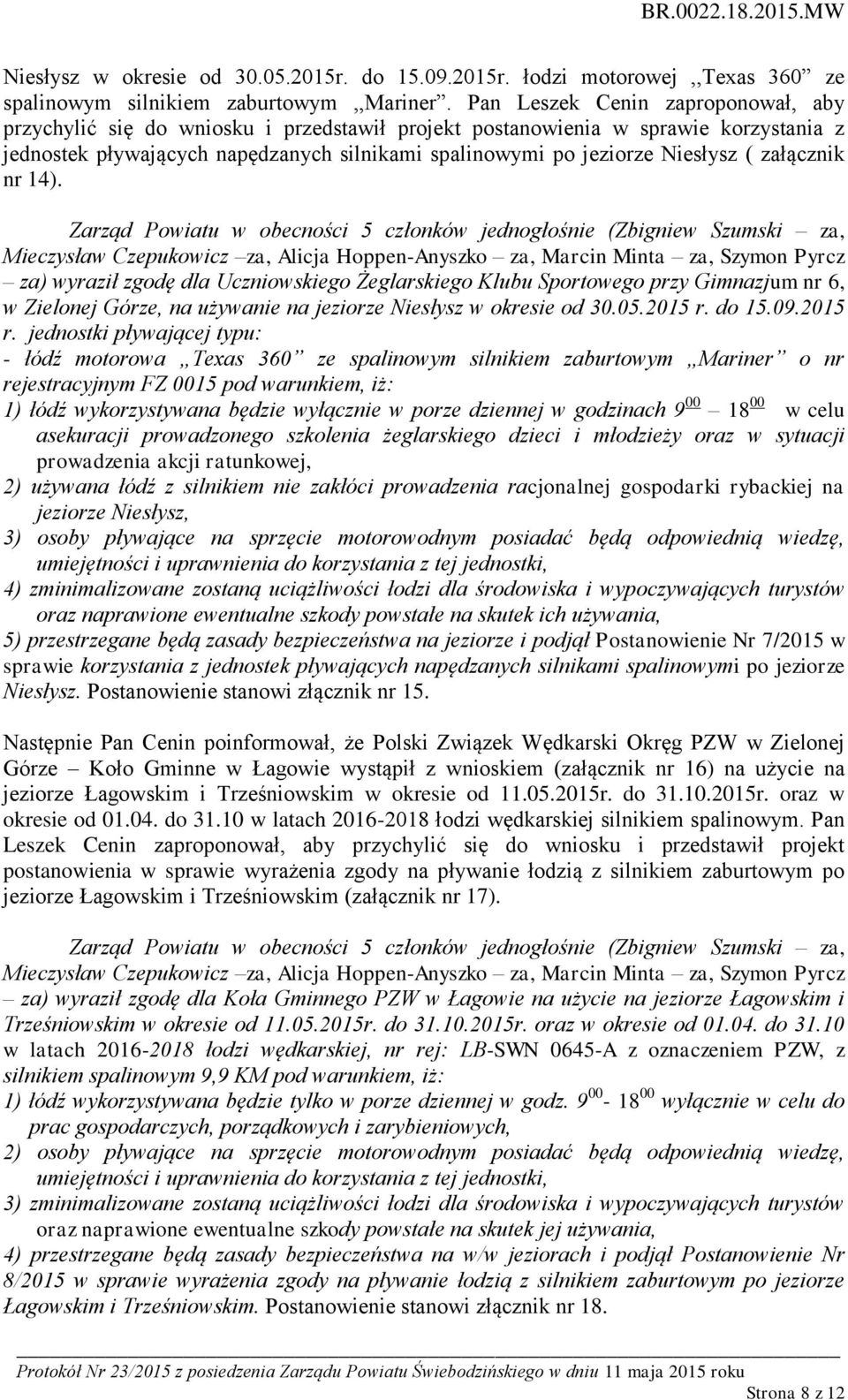 załącznik nr 14). za) wyraził zgodę dla Uczniowskiego Żeglarskiego Klubu Sportowego przy Gimnazjum nr 6, w Zielonej Górze, na używanie na jeziorze Niesłysz w okresie od 30.05.2015 r.