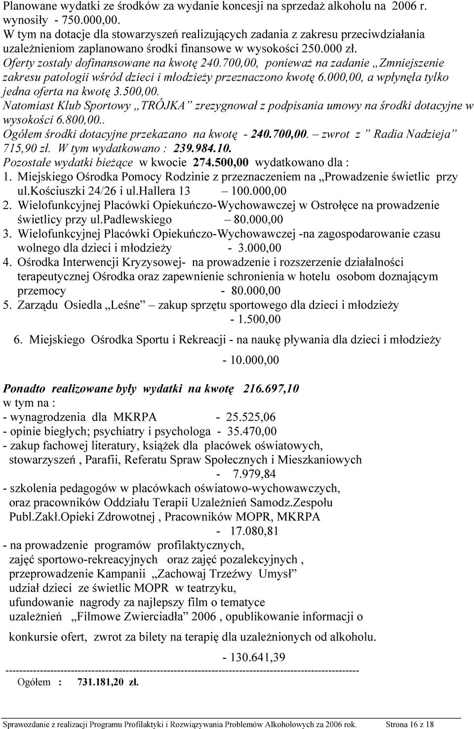 700,00, ponieważ na zadanie Zmniejszenie zakresu patologii wśród dzieci i młodzieży przeznaczono kwotę 6.000,00, a wpłynęła tylko jedna oferta na kwotę 3.500,00.